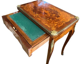 1900s Victorian Rosewood Game Table with Floral Inlay, Brass Details, Expandable, Original Condition