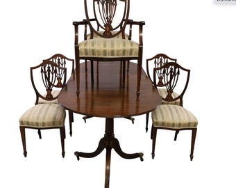 Duncan Phyfe Mahogany Banded Dining Set with one  leaf and six  chairs
