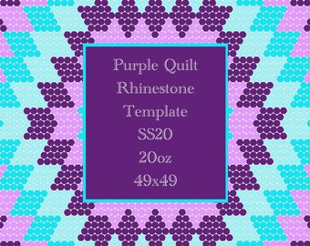 Puede incluir: Plantilla de acolchado morado con diamantes de imitación con el texto "Purple Quilt Rhinestone Template SS20 20oz 49x49" en blanco sobre fondo morado.