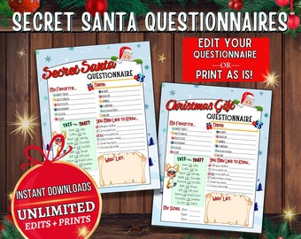 EDITABLE Secret Santa Questionnaire, Printable Secret Santa Gift Exchange, Secret Santa Form, Work Secret Santa,Gift Swap Gift Exchange Form
