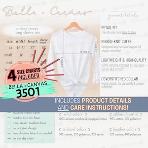 May include: White unisex long sleeve tee shirt on a hanger. The shirt has ribbed-knit cuffs and a coverstitched collar. The image includes size charts and care instructions. The shirt is made of lightweight, high-quality cotton.