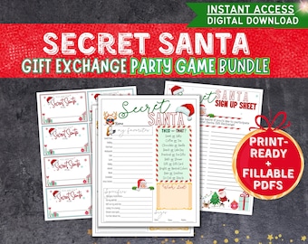 Könnte beinhalten: Ein druckbares Secret Santa Geschenkeaustausch-Partyspiel-Paket mit einem Anmeldeformular, einem "Das oder Das?" Fragebogen und Namensschildern. Das Design ist im festlichen Weihnachtsthema mit den Farben Rot, Grün und Weiß gehalten.