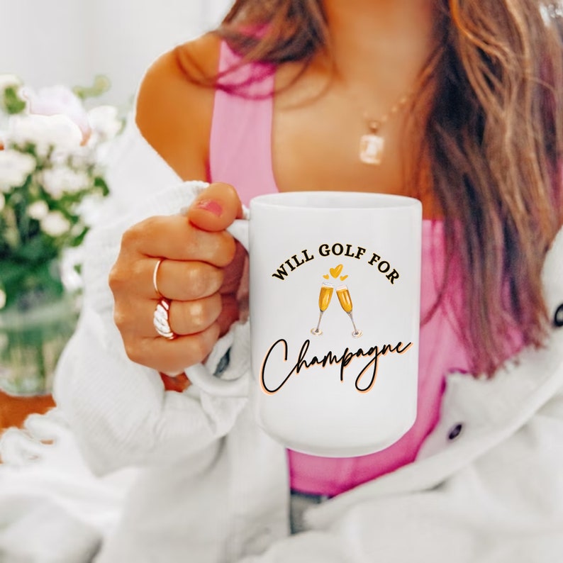 Golf Mug, Golf Gifts for Women, Will Golf for Champagne, Ladies Golf