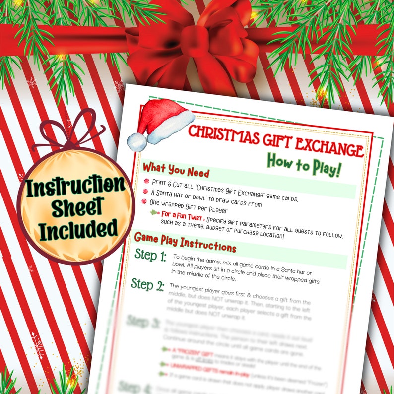 Great Adult gift exchange game, Friendsmas game and Pass the Gift Game! This Christmas gift exchange game digital download will make for a great Christmas adult game. White elephant game instructions included, along with christmas gift tags.
