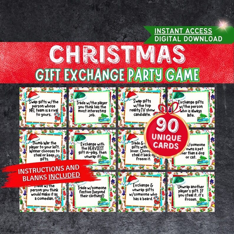 Great Adult gift exchange game, Friendsmas game and Pass the Gift Game! This Christmas gift exchange game digital download will make for a great Christmas adult game. White elephant game instructions included, along with christmas gift tags.