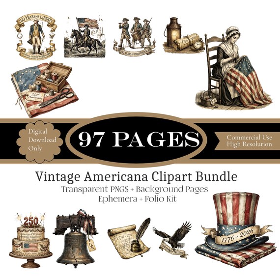 Vintage Americana Clipart Bundle, 250th Anniversary USA Patriotic Ephemera,  Digital Download Transparent PNG