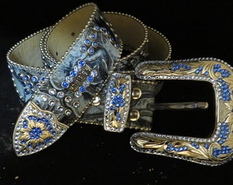 Western Cowgirl Rhinestone Bling Belt, Embossed Blue Leather with Blue and Clear crystals, Lots of Bling, Size Large