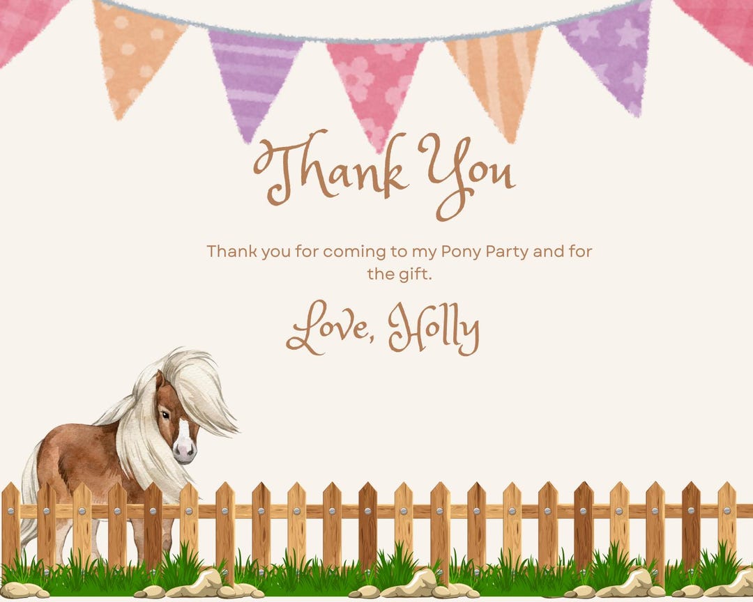 Pony Birthday Thank You Card: Editable Horse Party Template (PDF ...