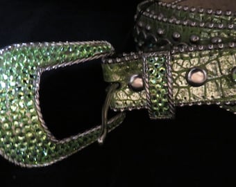 Western Cowgirl Rhinestone Bling Belt, Green Faux Croc, Green Swarokvski Crystals, Size Large