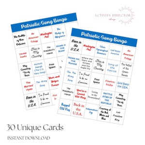Patriotic Song Bingo