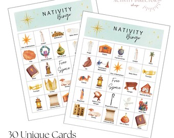 May include: Two printable Nativity Bingo cards with a blue and green background. Each card has a 5x5 grid with images of various Nativity scene elements, such as a star, a manger, a shepherd, and a donkey. The cards are labeled "Nativity Bingo".