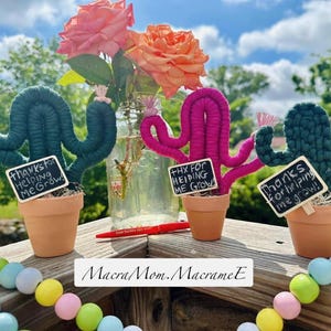 May include: Three small potted macrame cactus plants with chalkboard signs that say "Thanks for helping me grow!"  "THX for helping me grow!" and "Thanks for helping me grow!"