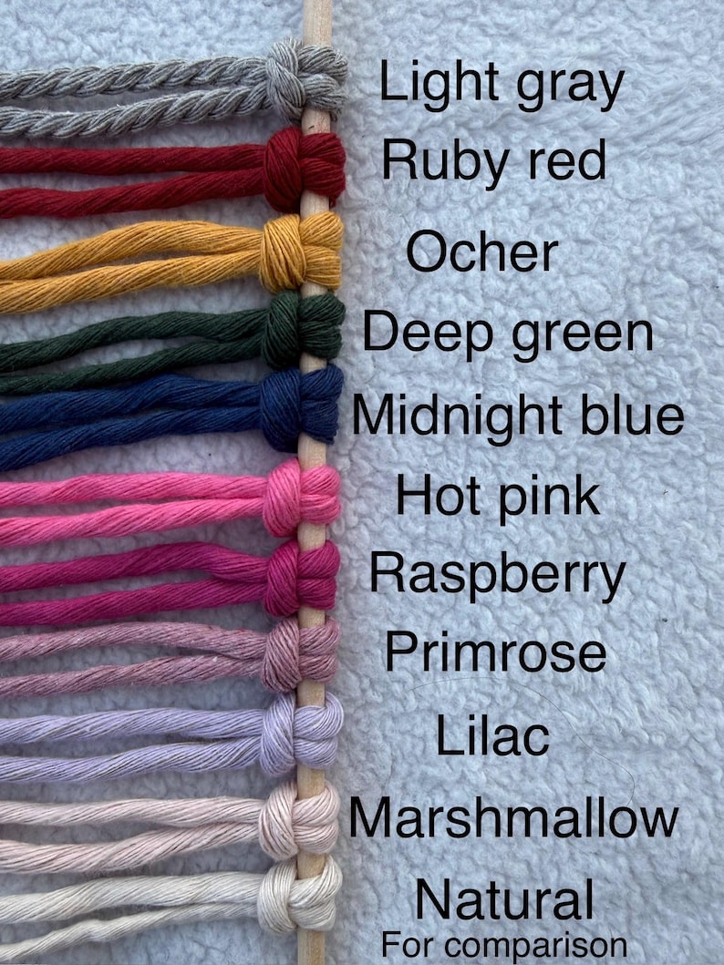 Peut inclure: Un nuancier de cordons macram&eacute; nou&eacute;s de diff&eacute;rentes couleurs, dont gris clair, rouge rubis, ocre, vert fonc&eacute;, bleu nuit, rose vif, framboise, primev&egrave;re, lilas, guimauve et naturel. Le texte "Pour comparaison" est &eacute;galement inclus.