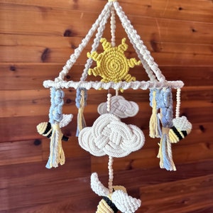 Bumblebee crib mobile, macramé mobile/chandelier with clouds and sun, bumblebee plush, nursery mobile for boy or girl
