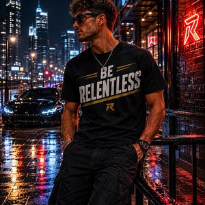 Peut inclure: T-shirt noir avec l'inscription "BE RELENTLESS" en blanc et or. Le t-shirt présente un logo "R" stylisé. L'image est prise dans un décor urbain nocturne, avec une voiture et des néons.