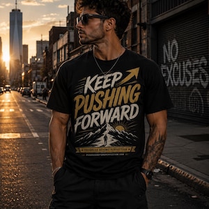 May include: Black t-shirt with the words "KEEP PUSHING FORWARD" in white and gold, featuring a mountain graphic. The shirt is worn by a person in an urban setting, with a city skyline in the background.