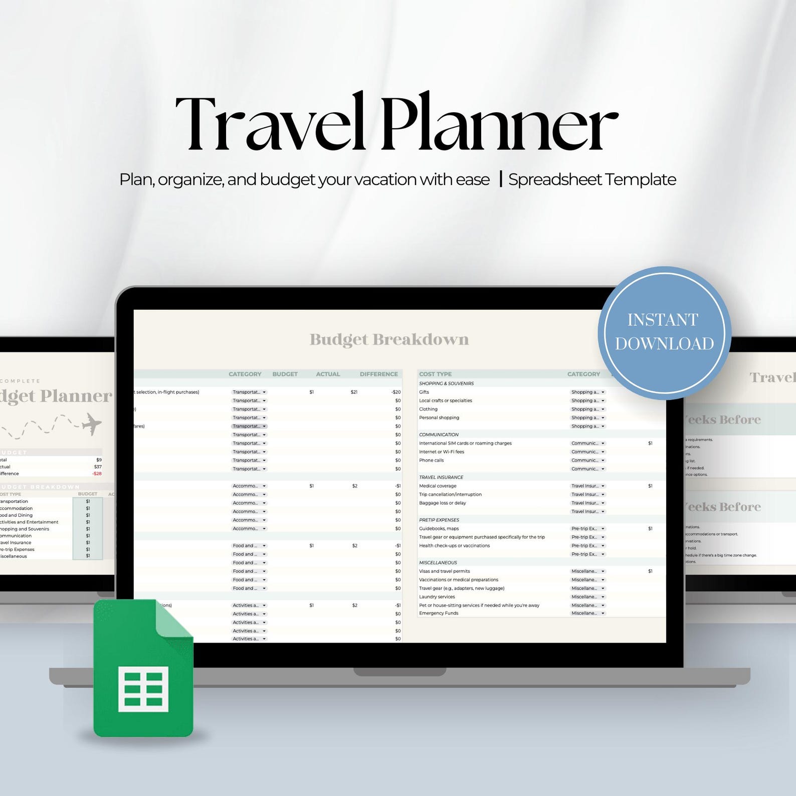 Travel Planner Google Sheets Template | Travel Budget Spreadsheet ...