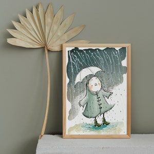 Girl in Rain, Rain Wall Art, Digital Print, Digital Download, Watercolor Wall art, Cartoon Style, Rain, Cute Wall Art, Trendy Art
