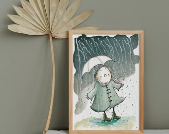 Girl in Rain, Rain Wall Art, Digital Print, Digital Download, Watercolor Wall art, Cartoon Style, Rain, Cute Wall Art, Trendy Art