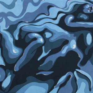 May include: Abstract art print featuring a swirling pattern of blue and black shapes. The shapes are reminiscent of water or waves.