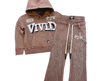 VIVID Rhinestone Tracksuit Set | Studded Velour Hoodie & Flare Pants Y2K Outfit