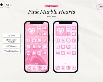 Pink Marble Hearts App Icon Pack, IOS Android Theme (Digital Download)