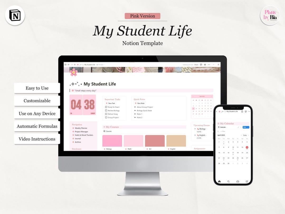 Notion Student Planner Pink Notion Template for College Students ...