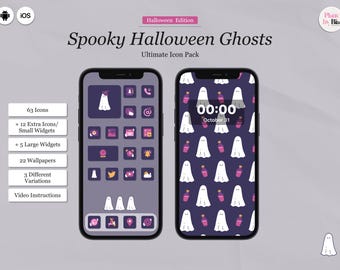 Iconos de teléfono espeluznantes Iconos de aplicaciones de Halloween para iPhone y Android Personalización de teléfono estética de fantasma morado Fondos de pantalla y widgets de Halloween