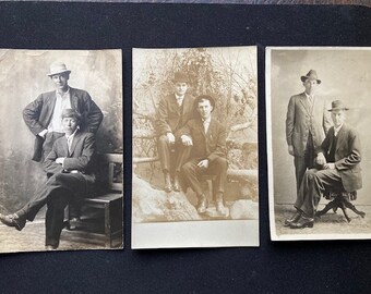 3 Pairs of Men in Hats, C. 1913, Friends or Brothers?  3 RPPC Real Photo Postcards Casual Poses