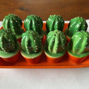 Cactus Salt and Pepper Shakers with Tray: 4 Matching Pair Vibrant Green Cacti in Orange Pots, Resting on Curved Orange Tray