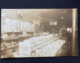 Interior General Store RPPC Postcard Panora Iowa, Cigars, Signage, Kitchenware C. 1910