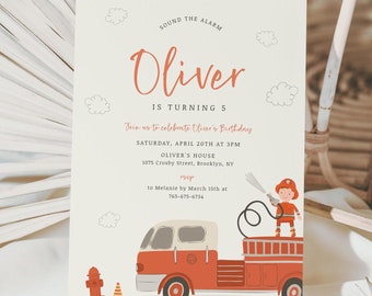 Firetruck Birthday Invitation Template: Editable Firefighter Design (Digital)
