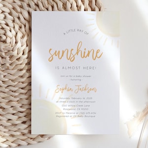 Sunshine Baby Shower Invitation Template, A Little Ray of Sunshine is Almost Here, Printable Baby Shower Sun Themed Digital Invite S-143