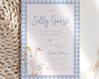 Gingham Goose Baby Shower Invitation Template (Digital Download)