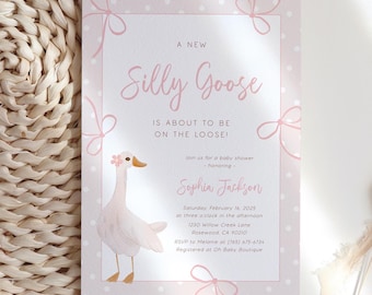 Silly Goose Baby Shower Invitation: Pink Bow Template (Digital Download)
