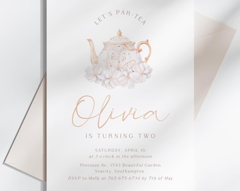 Editable Tea Party Birthday Invitation Template, Minimalist Par-Tea Themed Birthday Invite, Boho Birthday Girl TEA-120