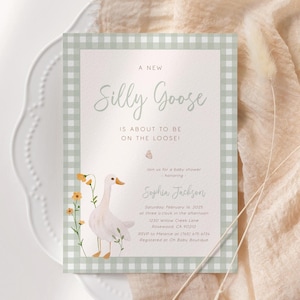 Silly Goose Baby Shower Invitation Template, Printable Baby Shower Boy Goose Invitation, Gingham Green Goose Baby Shower Invite - G6935F