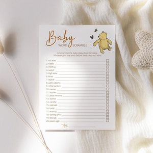 Winnie the Pooh Baby Shower Game Word Scramble with Answer Key | Boho Guessing Game Activity for Baby Shower M17