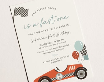 Racing Car 1st Birthday Invitation: Fast One, Editable Template (Digital Download