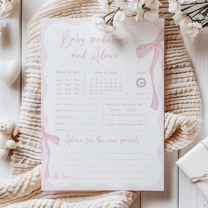 Voorspellingen en advies kaart roze strik babyshower spelsjabloon, kaart advies voor nieuwe ouders, roze lint voorspellingen B-67T5