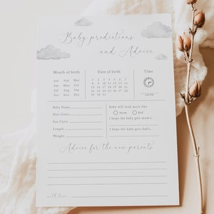 Bewerkbare voorspellingen Baby Shower Cloud-sjabloon, Baby Cloud Game-sjabloon, advies voor ouders, minimalistisch Baby Shower Decor C-062