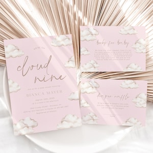 On Cloud Nine Baby Shower Girl Invitation Set Template, Editable Books for Baby Card and Diaper Raffle Ticket, Pink Baby Shower Cloud C-10F