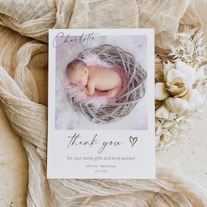 de remerciement pour bébé avec photo | faire-part bébé avec prénom | Carte de remerciement modifiable pour bébé