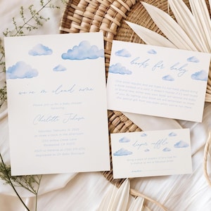 Szablon zaproszeń na baby shower On Cloud Nine, Pakiet na baby shower dla chłopca w chmurze, Karty książek dla dziecka, Bilet na loterię pieluch C-7632