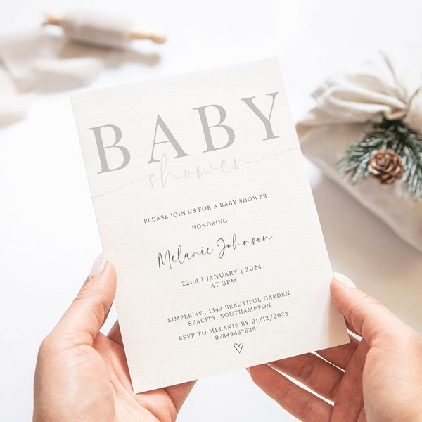 Minimalist Grey Baby Shower Invitation  | Neutral Gender Invitation for Baby Shower  | Modern Editable Invite