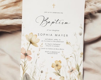 Floral Baptism Invitation Template: Wildflower Christening Invite (Printable Download)