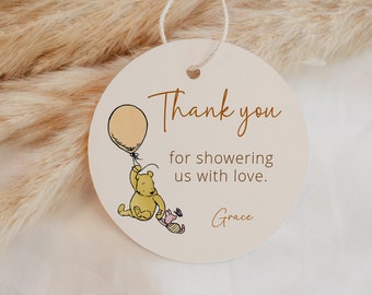 Etichette per bomboniere per baby shower a tema Winnie the Pooh: biglietto di ringraziamento modificabile (download digitale)