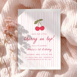 Cherry on Top 1st Birthday Invitation, Editable Girl Birthday Party Invite, Sweet Cherry Theme, Printable First Birthday Invite on Etsy - Image 2