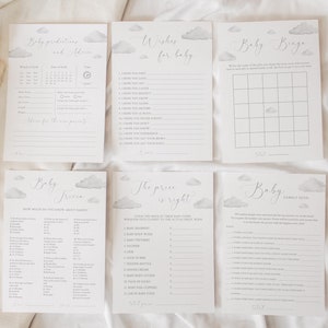 17 Grey Cloud Baby Shower Games Bundle Template, Editable Baby Shower Games, On Cloud Nine, Editable Baby Shower Activities C-062