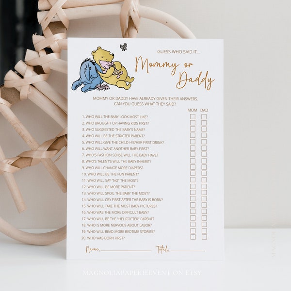 Classic Winnie the Pooh Baby Shower Game | Mommy or Daddy Baby Shower Game Guess Who Said It | Printable Mommy Daddy Guessing Game M17